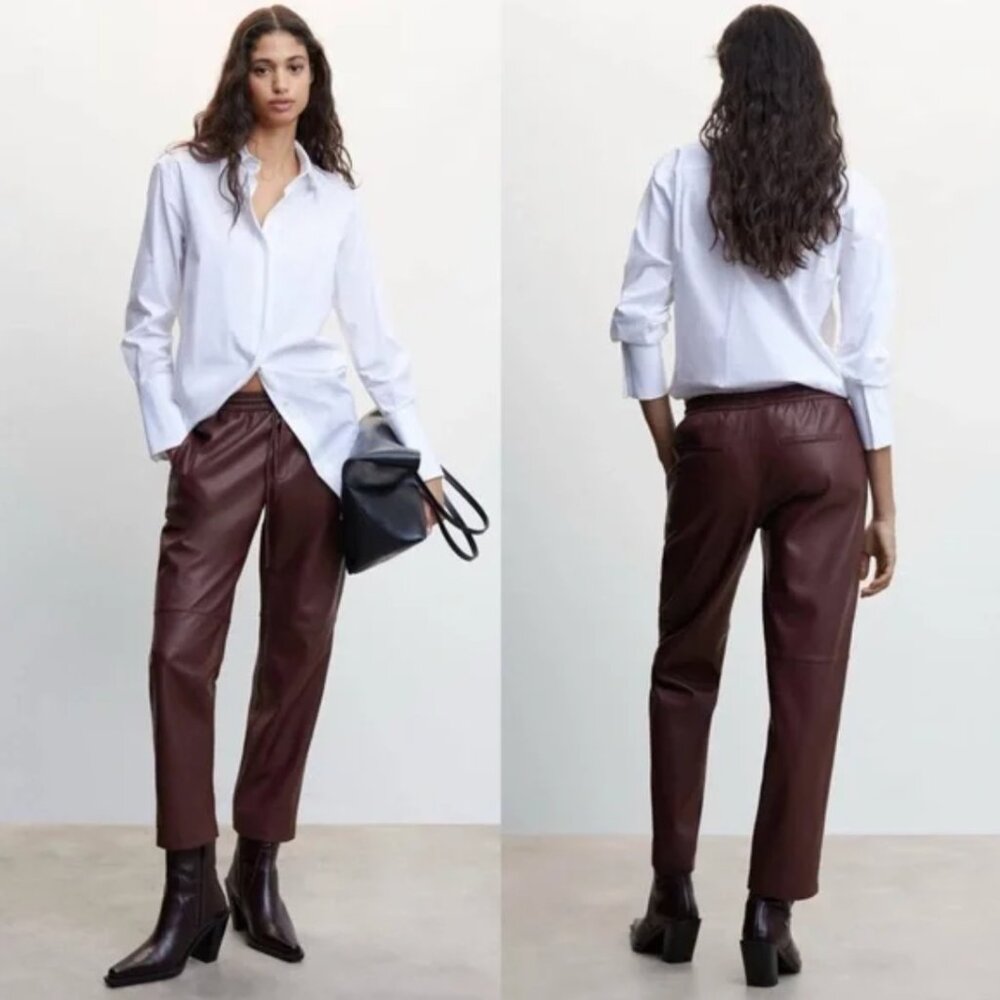 Mango Leather-effect elastic waist trousers in Burgundy